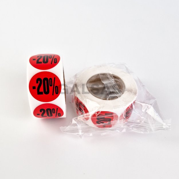 Etykiety samoprzylepne – do oznaczania rabatów i promocji – 20 %. Średnica 25 mm, 500 sztuk