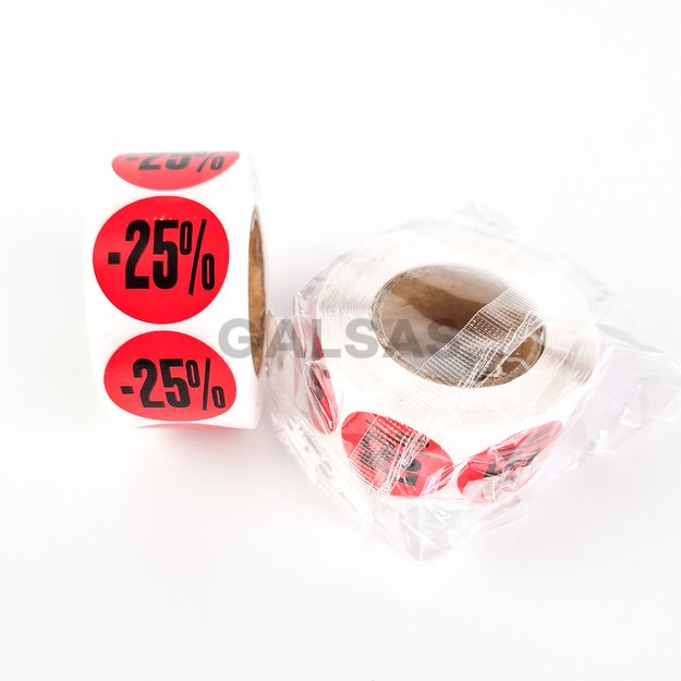 Etykiety samoprzylepne – do oznaczania rabatów i promocji – 25 %. Średnica 25 mm, 500 sztuk