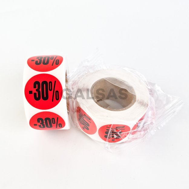 Etykiety samoprzylepne – do oznaczania rabatów i promocji – 30 %. Średnica 25 mm, 500 sztuk