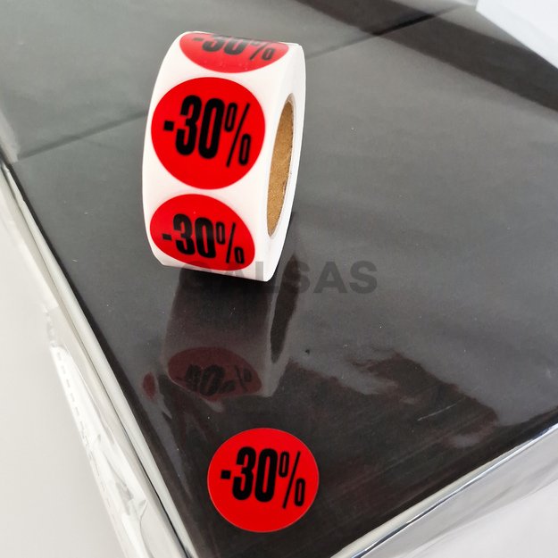 Etykiety samoprzylepne – do oznaczania rabatów i promocji – 30 %. Średnica 25 mm, 500 sztuk