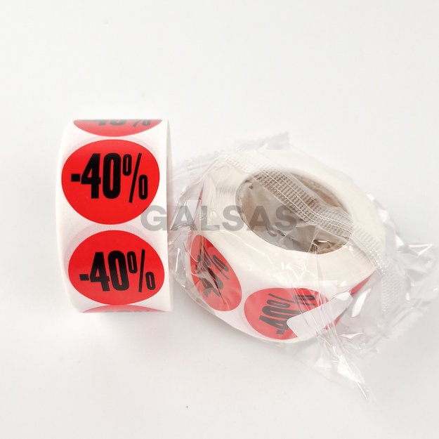 Etykiety samoprzylepne – do oznaczania rabatów i promocji – 40 %. Średnica 25 mm, 500 sztuk