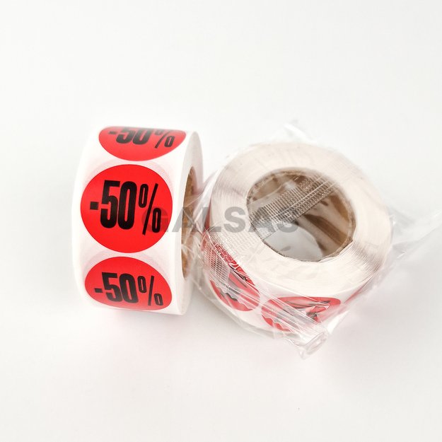 Etykiety samoprzylepne – do oznaczania rabatów i promocji – 50 %. Średnica 25 mm, 500 sztuk