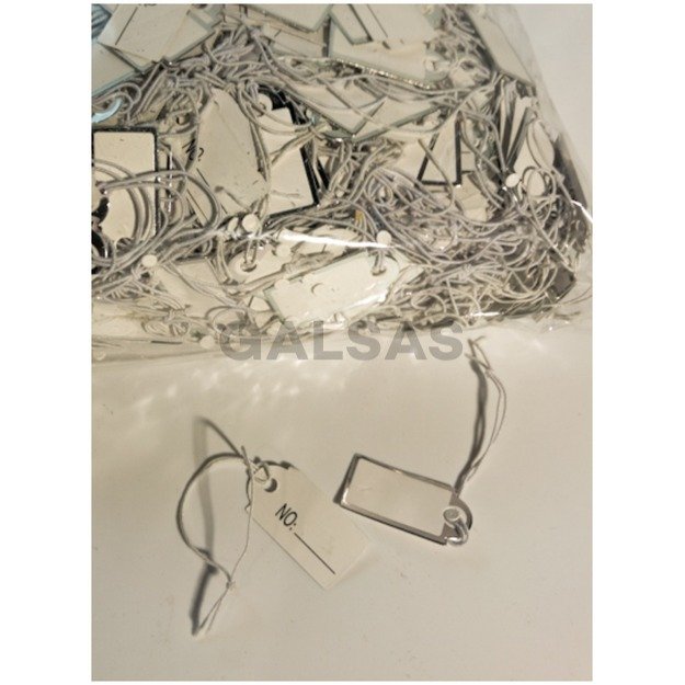Zawieszka papierowa o wymiarach 2,2 cm x 1,3 cm do oznaczania. Srebrna ramka