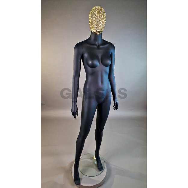 Manekin damski 1017D-TINKL-J-MAT – pełnej wysokości, w kolorze czarnym matowym, z siatkową głową. Tworzywo sztuczne.