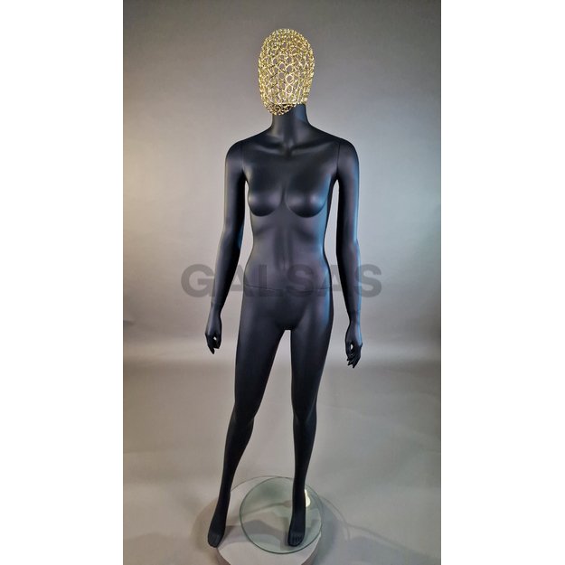 Manekin damski 1017D-TINKL-J-MAT – pełnej wysokości, w kolorze czarnym matowym, z siatkową głową. Tworzywo sztuczne.