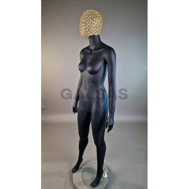 Manekin damski 1017D-TINKL-J-MAT – pełnej wysokości, w kolorze czarnym matowym, z siatkową głową. Tworzywo sztuczne.