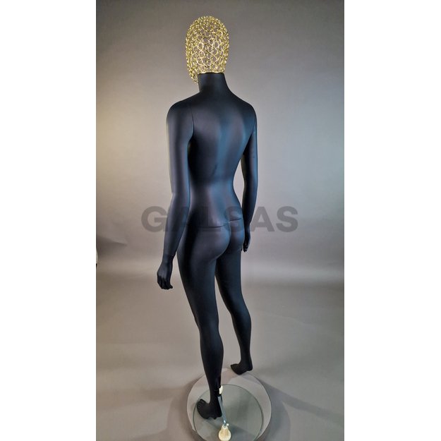 Manekin damski 1017D-TINKL-J-MAT – pełnej wysokości, w kolorze czarnym matowym, z siatkową głową. Tworzywo sztuczne.