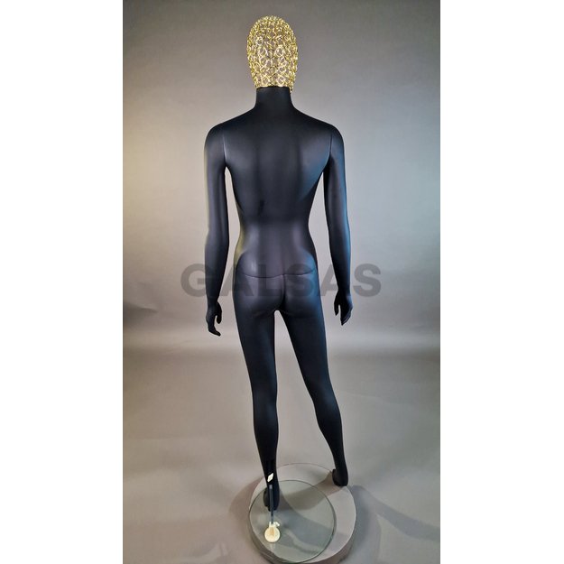 Manekin damski 1017D-TINKL-J-MAT – pełnej wysokości, w kolorze czarnym matowym, z siatkową głową. Tworzywo sztuczne.