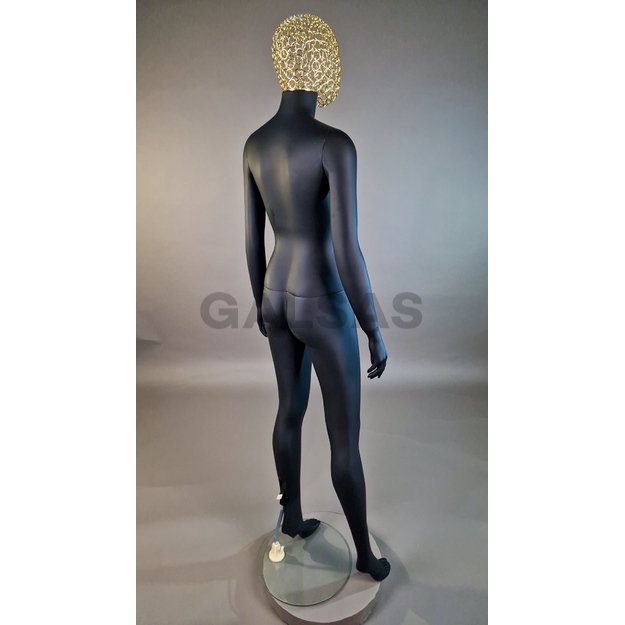 Manekin damski 1017D-TINKL-J-MAT – pełnej wysokości, w kolorze czarnym matowym, z siatkową głową. Tworzywo sztuczne.