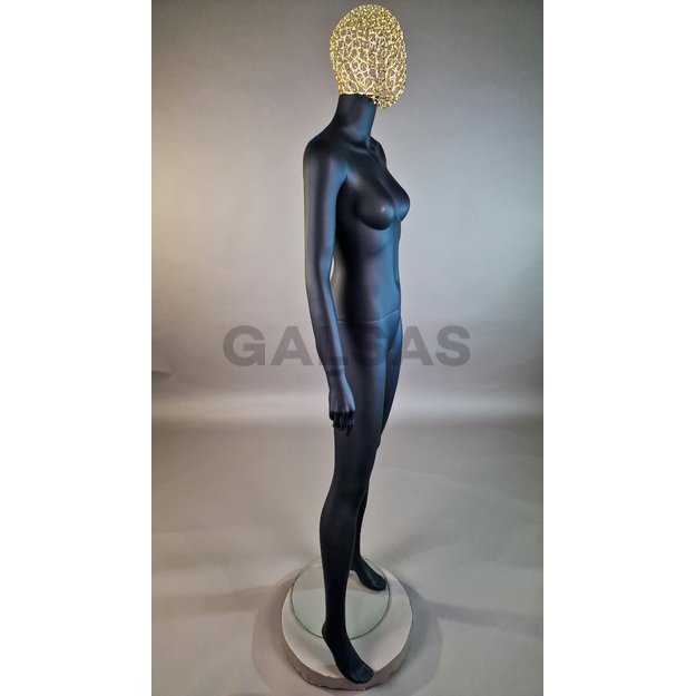 Manekin damski 1017D-TINKL-J-MAT – pełnej wysokości, w kolorze czarnym matowym, z siatkową głową. Tworzywo sztuczne.
