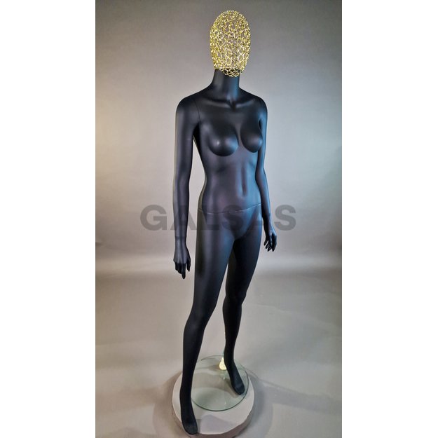 Manekin damski 1017D-TINKL-J-MAT – pełnej wysokości, w kolorze czarnym matowym, z siatkową głową. Tworzywo sztuczne.