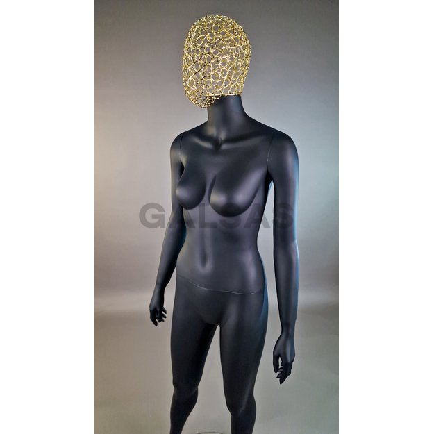 Manekin damski 1017D-TINKL-J-MAT – pełnej wysokości, w kolorze czarnym matowym, z siatkową głową. Tworzywo sztuczne.