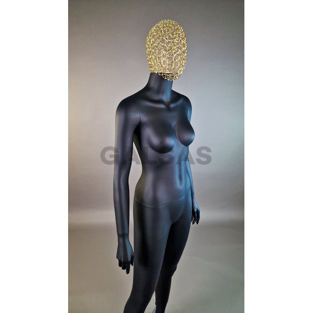 Manekin damski 1017D-TINKL-J-MAT – pełnej wysokości, w kolorze czarnym matowym, z siatkową głową. Tworzywo sztuczne.