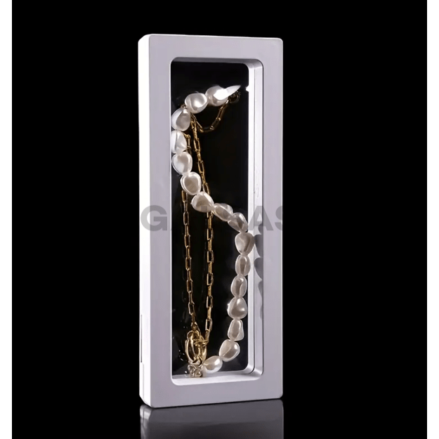 Pudełko do pakowania prezentów z elastyczną folią - na biżuterię, numizmaty, zdjęcia. Kolor biały. Wymiary 23 x 9 x 2 cm