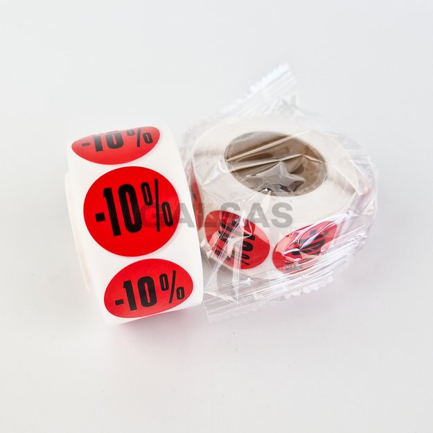 Etykiety samoprzylepne – do oznaczania rabatów i promocji – 10 %. Średnica 25 mm, 500 sztuk