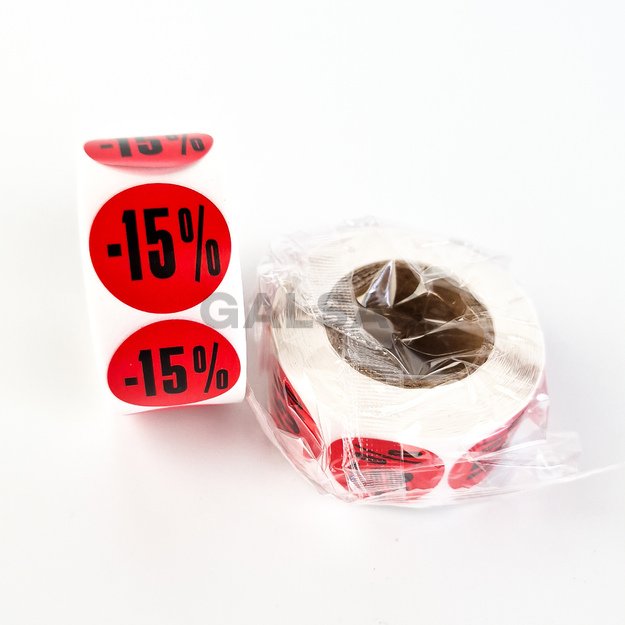 Etykiety samoprzylepne – do oznaczania rabatów i promocji – 15 %. Średnica 25 mm, 500 sztuk