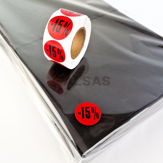 Etykiety samoprzylepne – do oznaczania rabatów i promocji – 15 %. Średnica 25 mm, 500 sztuk